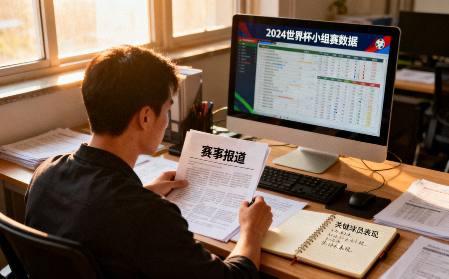 体育资讯编辑整理赛事报道与数据分析内容的工作场景